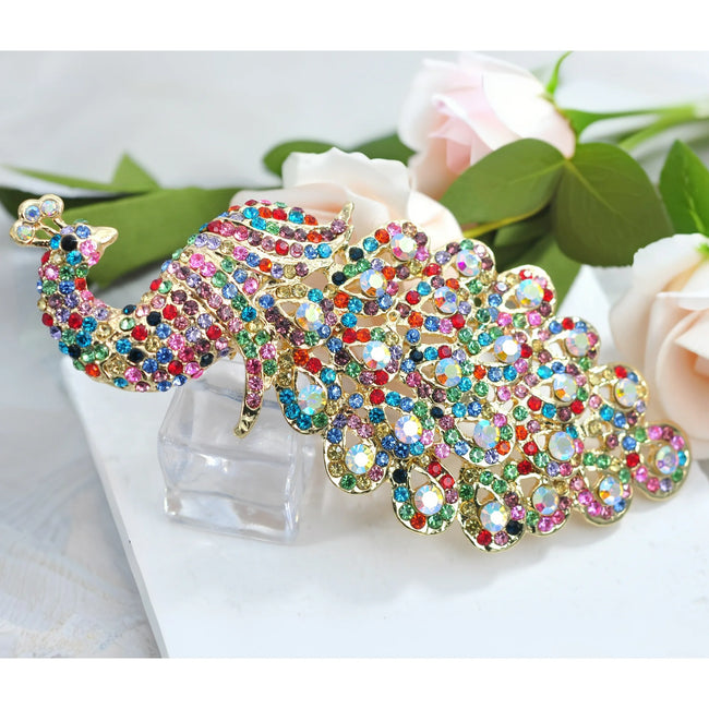 Gyn Joy Peacock Multicolor, Austrian Crystal Rhinestone Art Gorgeous Pins and Brooches, Gold-Tone, 5 Inch