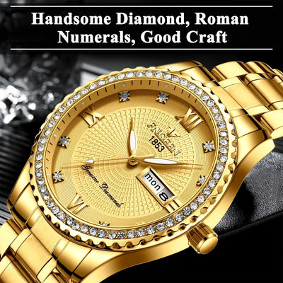 EEEkit Classic Diamond Gold Watches for Men, Stainless Steel Waterproof Dress Watch, Men's Quartz Analog Wristwatch