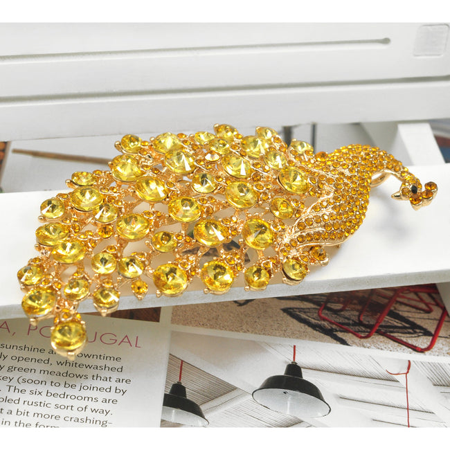 Gorgeous 4 Inches Austrian Crystal Light Topaz Golden Peacock Bird Brooch Pins