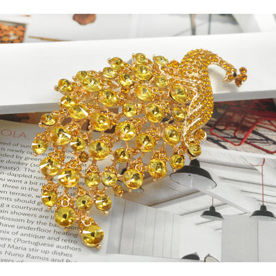 Gorgeous 4 Inches Austrian Crystal Light Topaz Golden Peacock Bird Brooch Pins