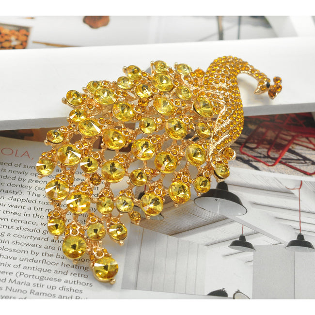 Gorgeous 4 Inches Austrian Crystal Light Topaz Golden Peacock Bird Brooch Pins