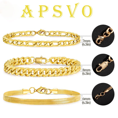APSVO 3 Pcs 18K Gold Plated Bracelets for Men Women Boys Charm Cuban Figaro Herringbone Chain Bracelets Set Birthday Christmas Jewelry Gifts Teen Dad Adult Stocking Stuffers Kids 6.5/7/7.5/8.3/9 Inch