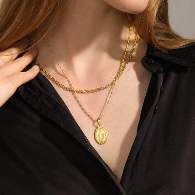 U7 Holy Virgin Mary Medal Necklace for Womens 14K Yellow Gold Plated Cross Chain Lady of Guadalupe Pendant Miraculous Catholic Christian Jewelry