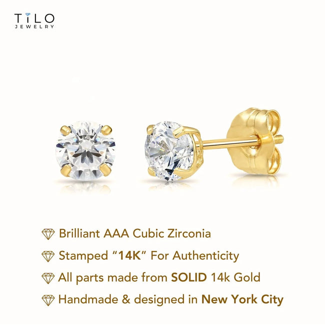 Tilo Jewelry 14K Yellow Gold Solitaire Round CZ Stud Post Earrings with Secure Push-backs | 6mm | Classic Everyday Earrings | Women, Men, Unisex