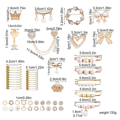 55pcs Charms for Socks Safety Pin Brooch Junk Sock Charms Pins Gold Bling Sock Jewelry Charms,Brooch Pins for Socks Pearl Rhinestone Brooch Pins Costom Shoe Sock Charms Kit Bulk for Hat Clothes