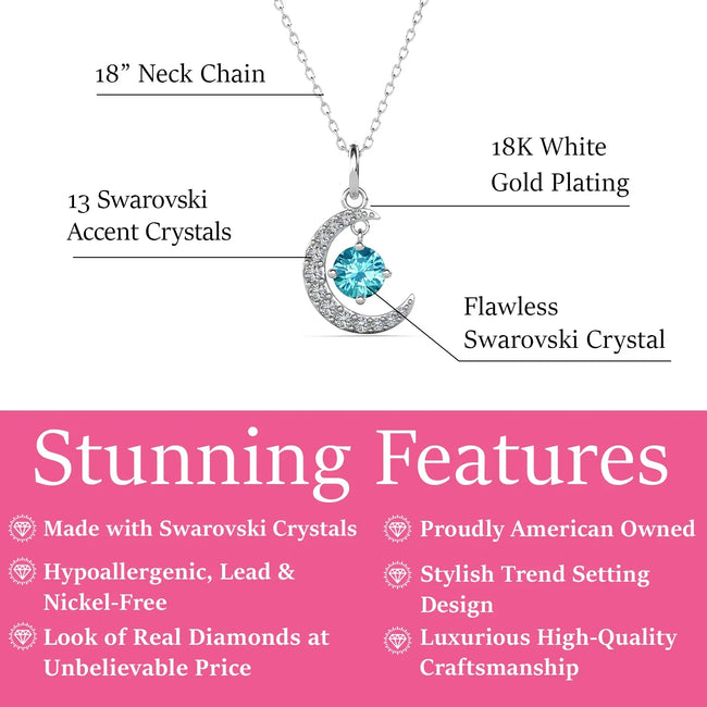 Cate & Chloe Luna March Birthstone 18k White Gold Plated Women's Necklace with Swarovski Crystal