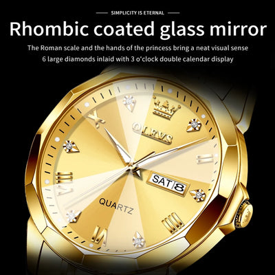 OLEVS Watch for Men Diamond Business Dress Analog Quartz Stainless Steel Waterproof Luminous Date Luxury Casual Wrist Watch Gold Dial