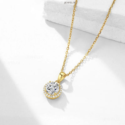 JEWELIX Moissanite 18K Yellow Gold Over Sterling Silver Round Cut Pendant Necklace, Halo Necklace, 1 Carat, Gift for Her