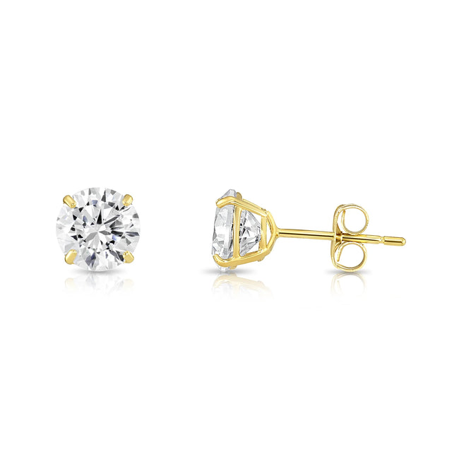 Tilo Jewelry 14K Yellow Gold Solitaire Round CZ Stud Post Earrings with Secure Push-backs | 6mm | Classic Everyday Earrings | Women, Men, Unisex