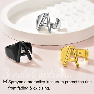 KeyStyle Initial Ring for Women Alphabet Letter Ring Adjustable 14K Gold Plated Personalized Bold Statement Jewelry Stacking Ring Gifts for Her