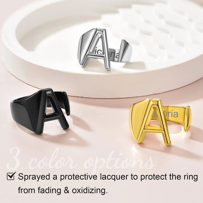 KeyStyle Initial Ring for Women Alphabet Letter Ring Adjustable 14K Gold Plated Personalized Bold Statement Jewelry Stacking Ring Gifts for Her