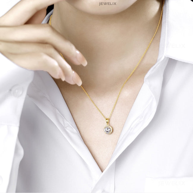 JEWELIX Moissanite 18K Yellow Gold Over Sterling Silver Round Cut Pendant Necklace, Halo Necklace, 1 Carat, Gift for Her