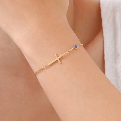 Birthstone Cross Bracelet for Women, Birthday Gifts Dainty 14K Gold Plated Cross Birth Stone Adjustable Bracelets, Religious Christian Jewelry for Her