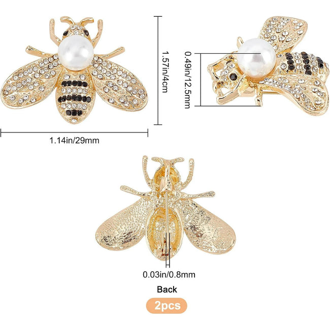 2Pcs Bee Brooches for Women Crystal Insect Honey Brooch Lapel Pin Rhinestone Fashion Jewelry Set Elegant Personality Accessories with Faux Pearl Gift for Birthday Dating Party(Gold)