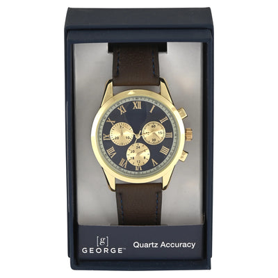 George Men's Gold Round Case with Brown Strap Watch