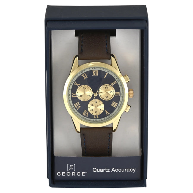 George Men's Gold Round Case with Brown Strap Watch