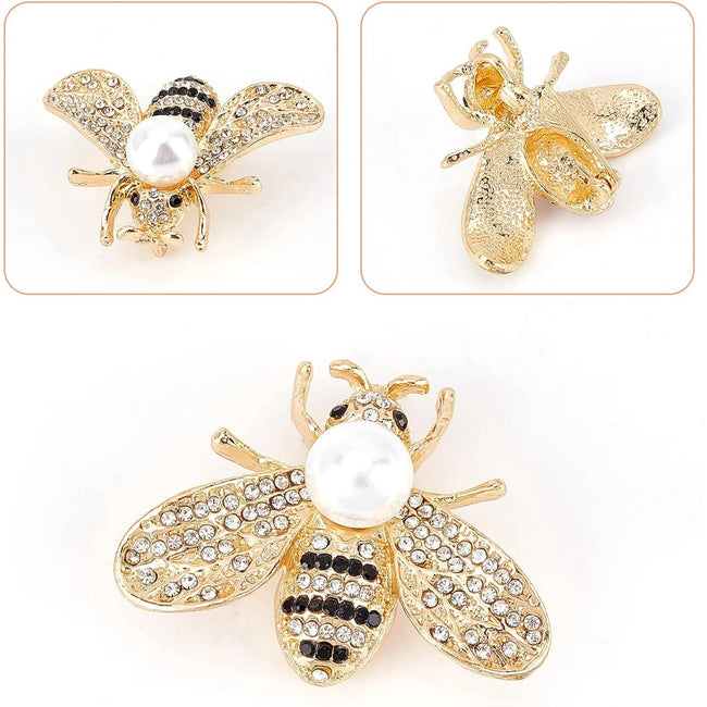 2Pcs Bee Brooches for Women Crystal Insect Honey Brooch Lapel Pin Rhinestone Fashion Jewelry Set Elegant Personality Accessories with Faux Pearl Gift for Birthday Dating Party(Gold)