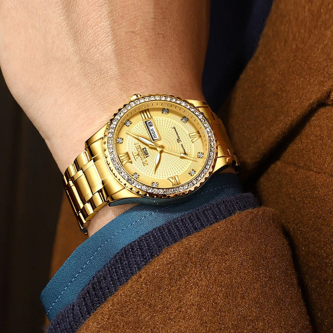 EEEkit Classic Diamond Gold Watches for Men, Stainless Steel Waterproof Dress Watch, Men's Quartz Analog Wristwatch