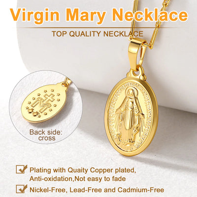U7 Holy Virgin Mary Medal Necklace for Womens 14K Yellow Gold Plated Cross Chain Lady of Guadalupe Pendant Miraculous Catholic Christian Jewelry