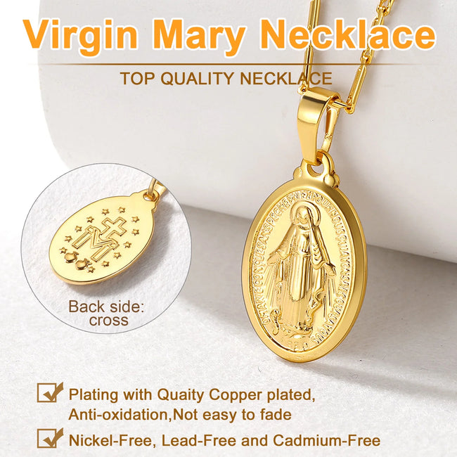 U7 Holy Virgin Mary Medal Necklace for Womens 14K Yellow Gold Plated Cross Chain Lady of Guadalupe Pendant Miraculous Catholic Christian Jewelry