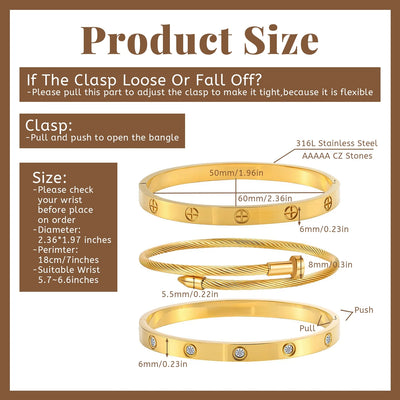 3 Pcs Gold Plated Stainless Steel Bracelets for Women, Stackable Hypoallergenic Bangles Jewelry with Friendship and Love Theme